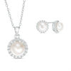 Thumbnail Image 1 of Button Freshwater Cultured Pearl and Lab-Created White Sapphire Frame Pendant and Stud Earrings Set in Sterling Silver