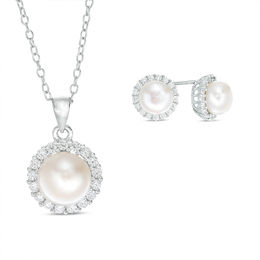 Button Freshwater Cultured Pearl and Lab Created White Sapphire Frame Pendant and Stud Earrings Set in Sterling Silver Zales