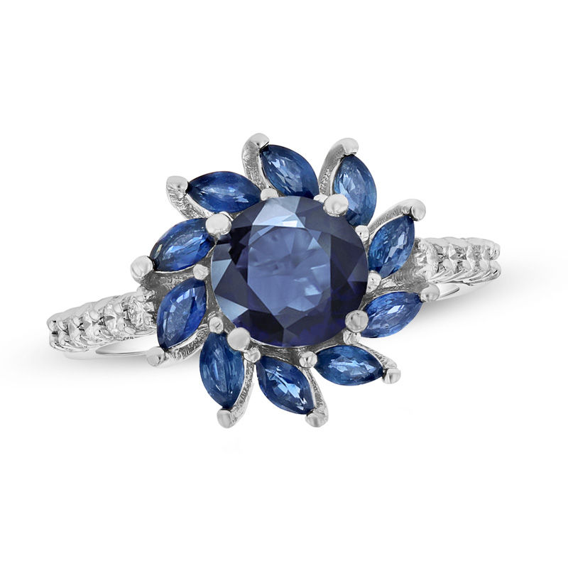 6.0mm Blue Sapphire and 1/4 CT. T.W. Diamond Floral Frame Ring in 14K ...