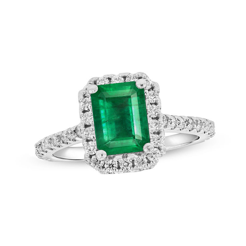 Emerald-Cut Emerald and 1/2 CT. T.W. Diamond Frame Engagement Ring in 14K White Gold