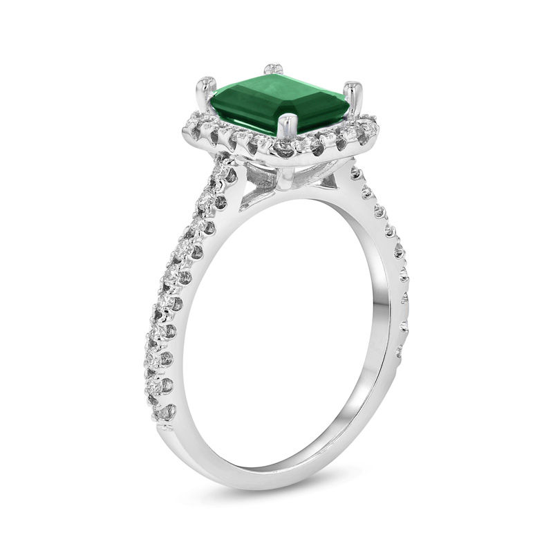 Emerald-Cut Emerald and 1/2 CT. T.W. Diamond Frame Engagement Ring in 14K White Gold