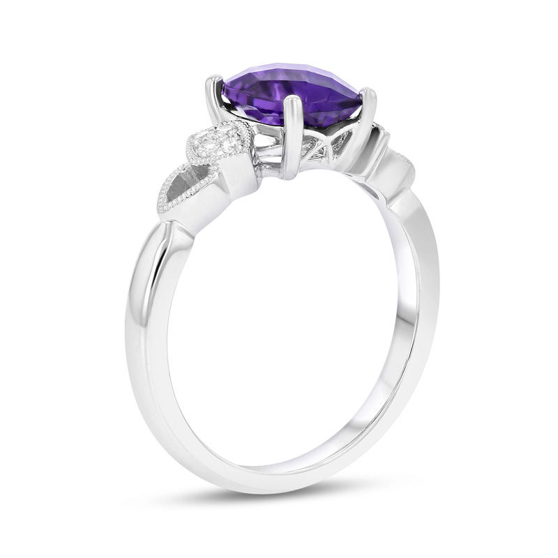 Cushion-Cut Amethyst and 1/15 CT. T.W. Diamond Vintage-Style Art Deco Ring in 14K White Gold