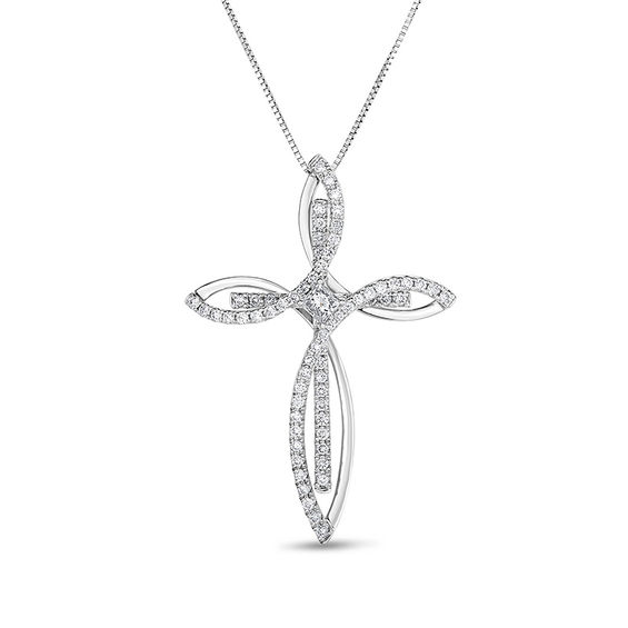 5/8 CT. T.w. Princess-Cut and Round Diamond Looping Overlay Cross Pendant in 14K White Gold