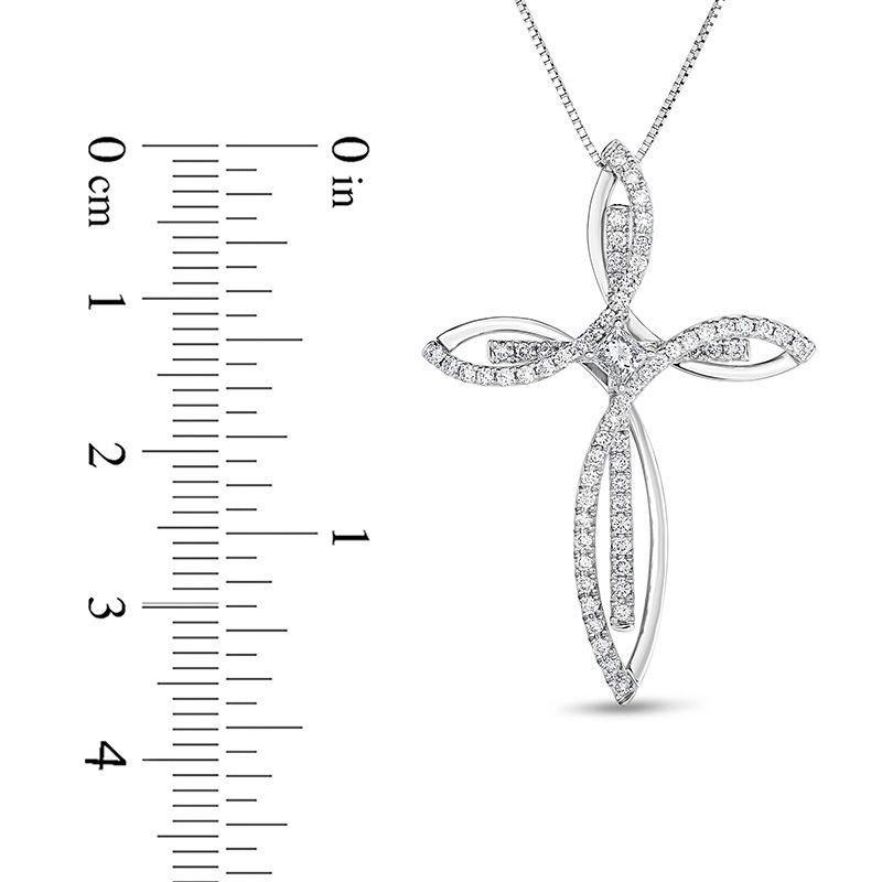 Main Image 2 of 5/8 CT. T.W. Princess-Cut and Round Diamond Looping Overlay Cross Pendant in 14K White Gold