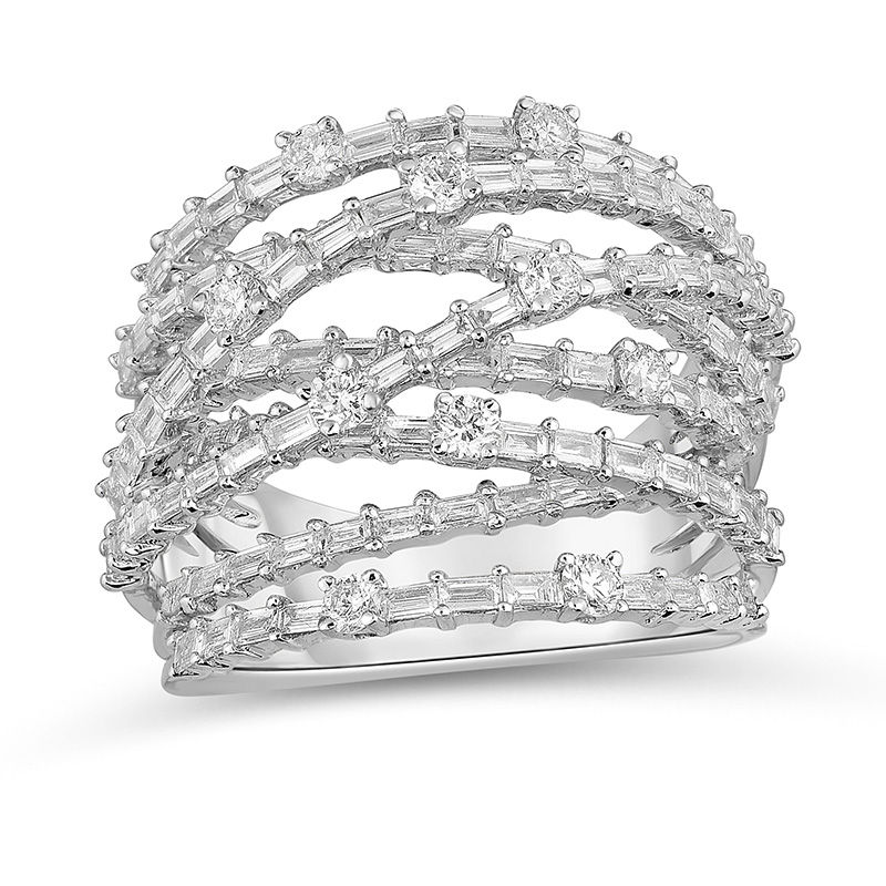 1-3/4 CT. T.W. Baguette and Round Layered Crossover Ring in 14K White Gold