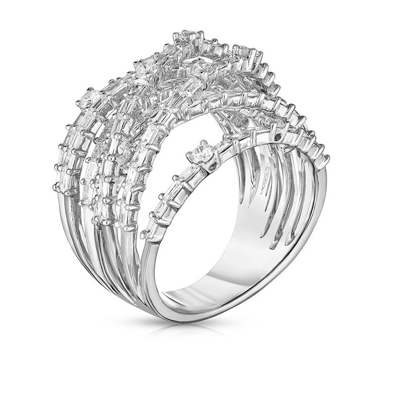 1-3/4 CT. T.W. Baguette and Round Layered Crossover Ring in 14K White Gold