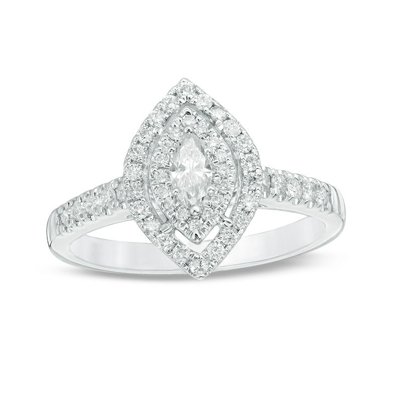 Main Image 1 of 1/2 CT. T.W. Marquise Diamond Double Frame Engagement Ring in 14K White Gold