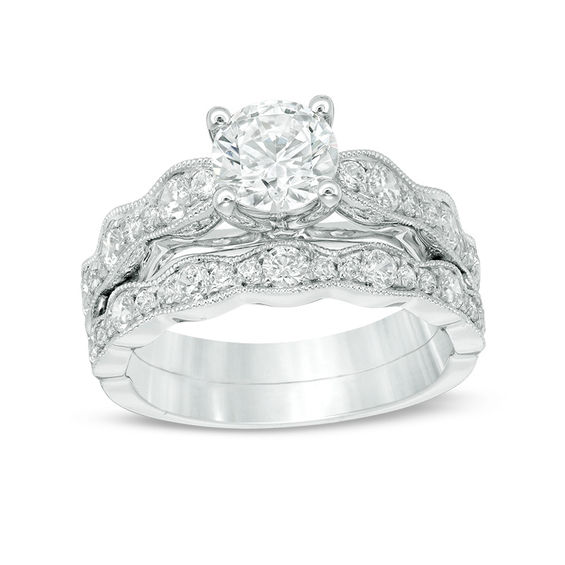2 CT. T.w. Diamond Wavy Shank Vintage-Style Bridal Set in 14K White Gold