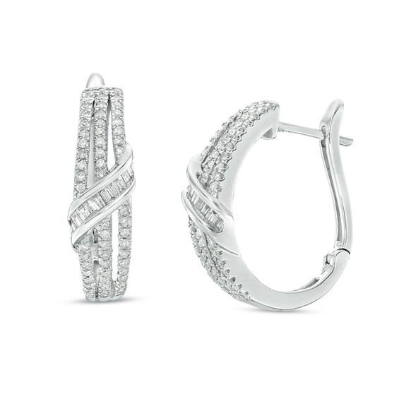 1/2 CT. T.w. Baguette and Round Diamond Multi-Row Crossover Hoop Earrings in 10K White Gold