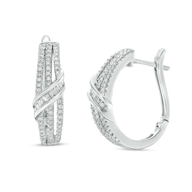 Main Image 1 of 1/2 CT. T.W. Baguette and Round Diamond Multi-Row Crossover Hoop Earrings in 10K White Gold