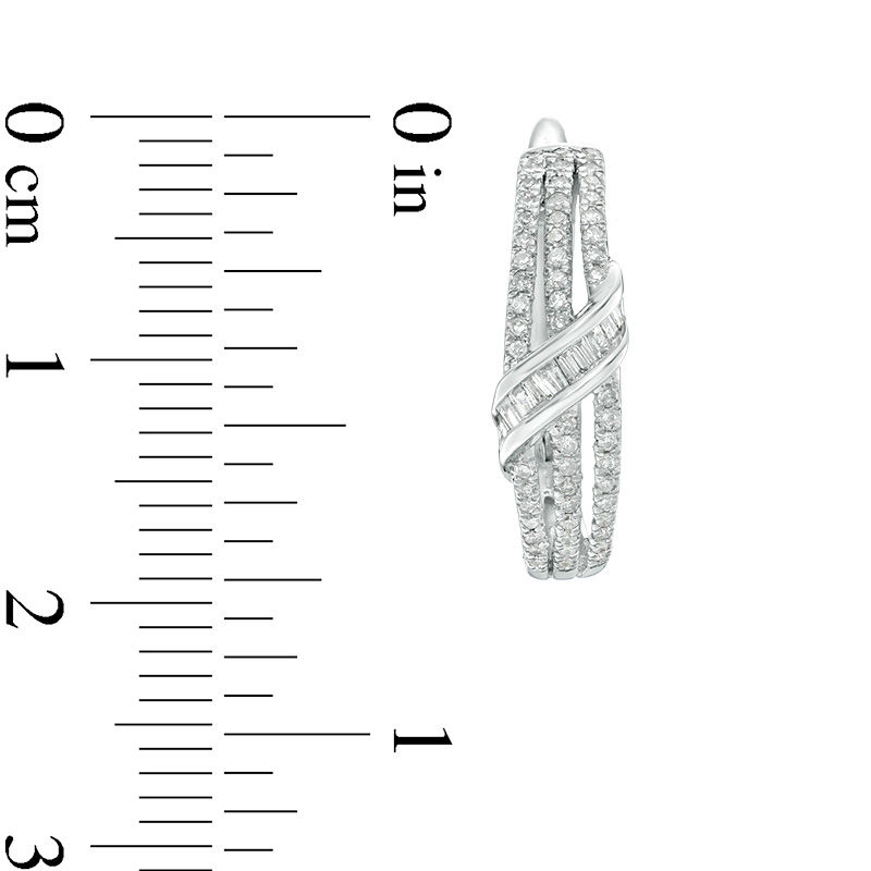 Main Image 2 of 1/2 CT. T.W. Baguette and Round Diamond Multi-Row Crossover Hoop Earrings in 10K White Gold