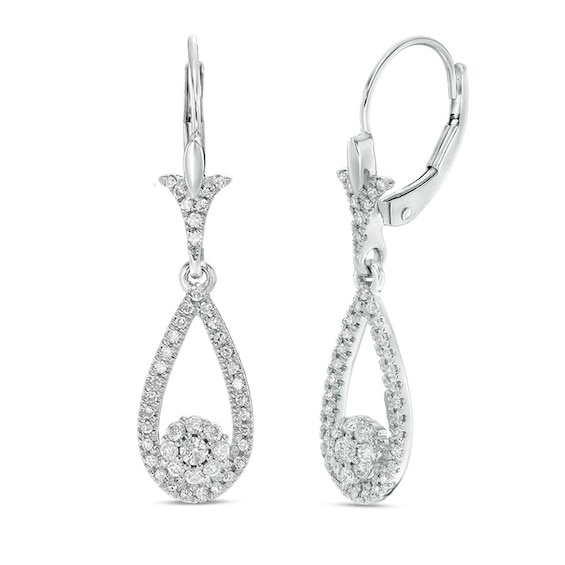 1/2 CT. T.w. Multi-Diamond Flower Teardrop Earrings in 10K White Gold
