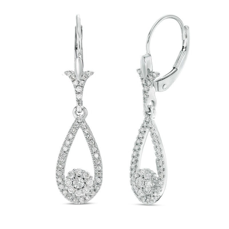 Main Image 1 of 1/2 CT. T.W. Multi-Diamond Flower Teardrop Earrings in 10K White Gold