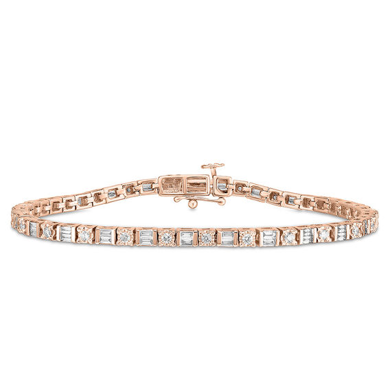 1/2 CT. T.W. Baguette and Round Diamond Tennis Bracelet in 10K Rose ...