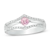 Thumbnail Image 1 of 4.0mm Lab-Created Pink Sapphire and 1/10 CT. T.W. Diamond Double Chevron Promise Ring in Sterling Silver