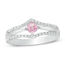4.0mm Lab-Created Pink Sapphire and 1/10 CT. T.W. Diamond Double Chevron Promise Ring in Sterling Silver