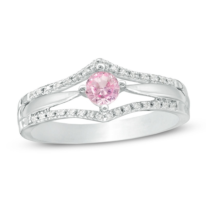 Main Image 1 of 4.0mm Lab-Created Pink Sapphire and 1/10 CT. T.W. Diamond Double Chevron Promise Ring in Sterling Silver
