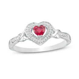 4.0mm Lab-Created Ruby and 1/20 CT. T.W. Diamond Heart Frame Promise Ring in Sterling Silver