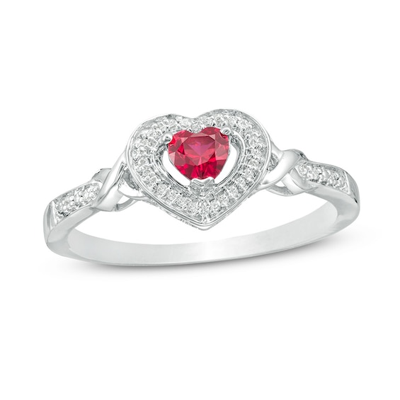 4.0mm Lab-Created Ruby and 1/20 CT. T.w. Diamond Heart Frame Promise Ring in Sterling Silver