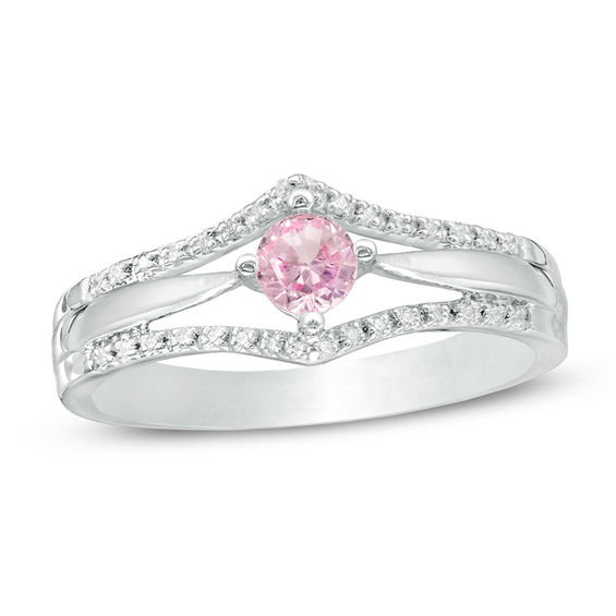 4.0mm Lab-Created Pink Sapphire and 1/10 CT. T.w. Diamond Double Chevron Promise Ring in Sterling Silver