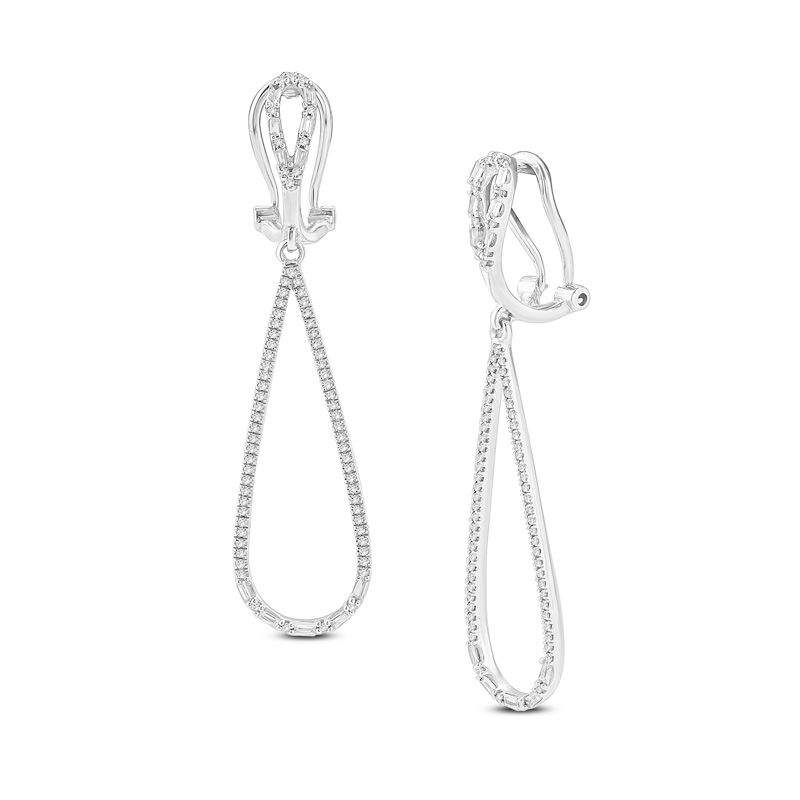 3/8 CT. T.W. Baguette and Round Diamond Teardrop Earrings in 10K White Gold