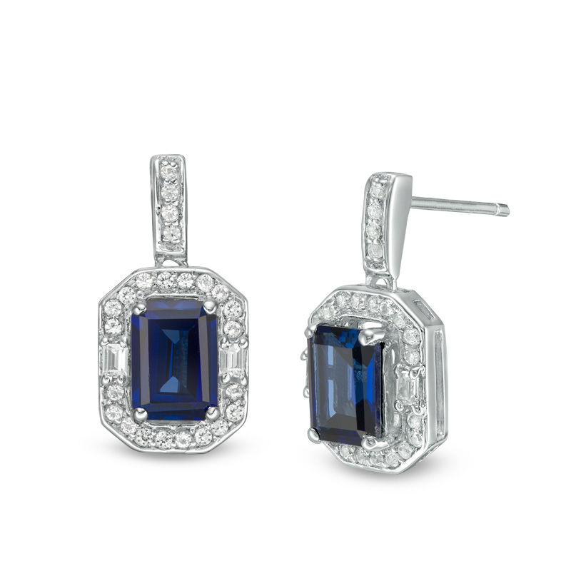 Emerald-Cut Lab-Created Blue and White Sapphire Frame Drop Earrings in ...