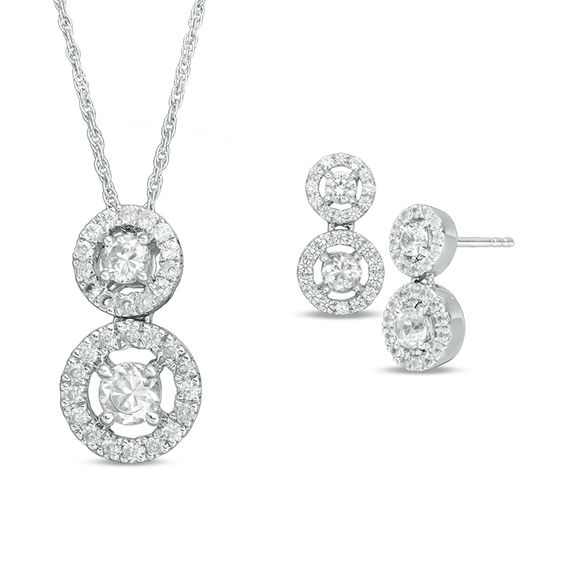 Lab-Created White Sapphire Frame Duo Pendant and Drop Earrings Set in Sterling Silver Lab-Created White Sapphire Frame Duo Pendant and Drop Earrings Set in Sterling Silver