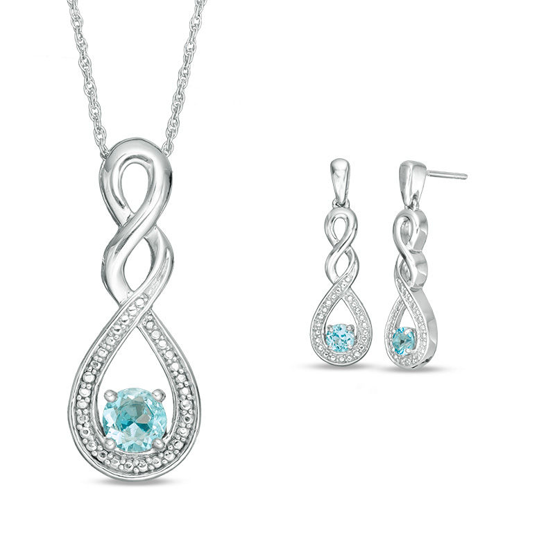 Blue Topaz and Beaded Cascading Infinity Pendant and Drop Earrings Set in Sterling Silver