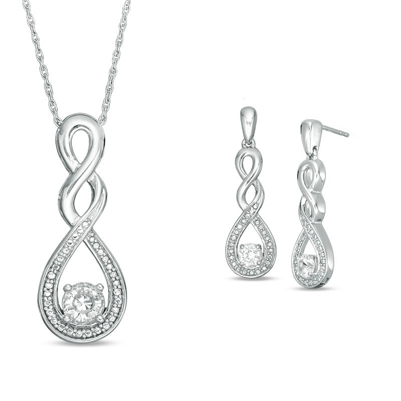 Main Image 1 of Lab-Created White Sapphire and Beaded Cascading Infinity Pendant and Drop Earrings Set in Sterling Silver