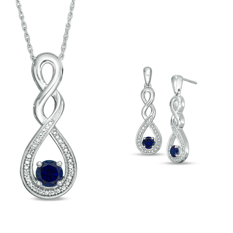 Main Image 1 of Lab-Created Blue Sapphire and Beaded Cascading Infinity Pendant and Drop Earrings Set in Sterling Silver