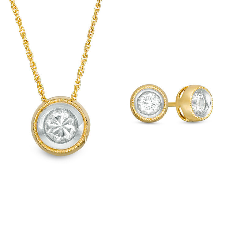 Main Image 1 of Lab-Created White Sapphire Solitaire Vintage-Style Pendant and Stud Earrings Set in Sterling Silver and 14K Gold Plate