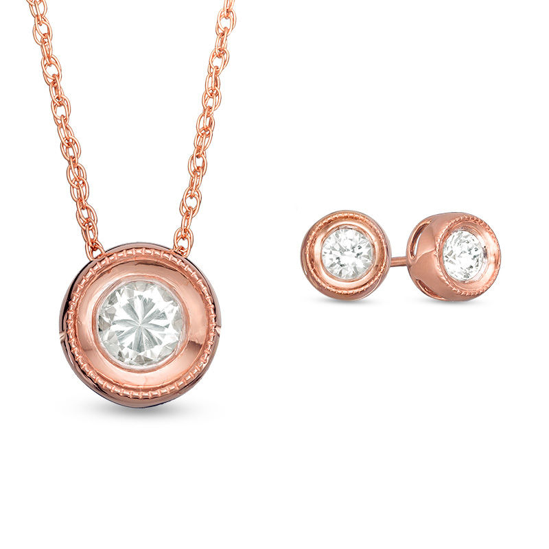 Main Image 1 of Lab-Created White Sapphire Solitaire Vintage-Style Pendant and Earrings Set in Sterling Silver with 14K Rose Gold Plate