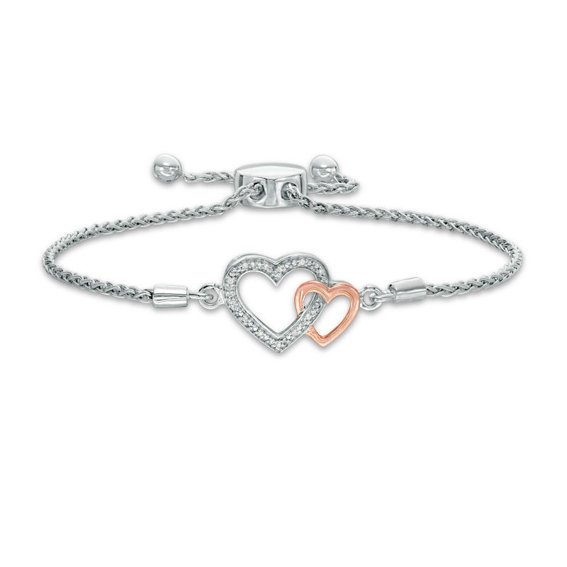 Diamond Accent Interlocking Hearts Bolo Bracelet in Sterling Silver and 10K  Rose Gold - 9.5