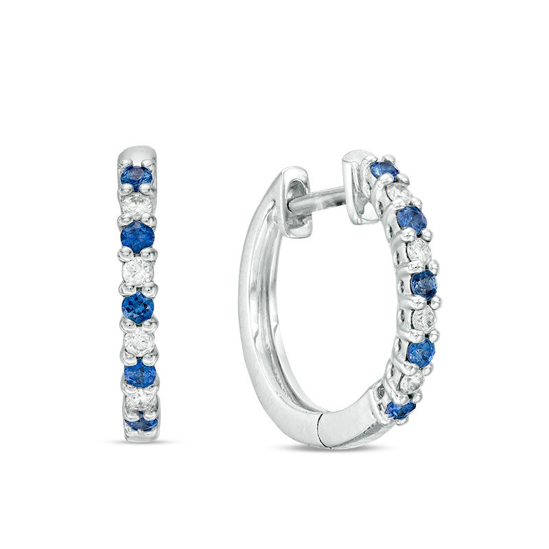 Main Image 1 of Blue Sapphire and 1/10 CT. T.W. Diamond Hoop Earrings in 14K White Gold