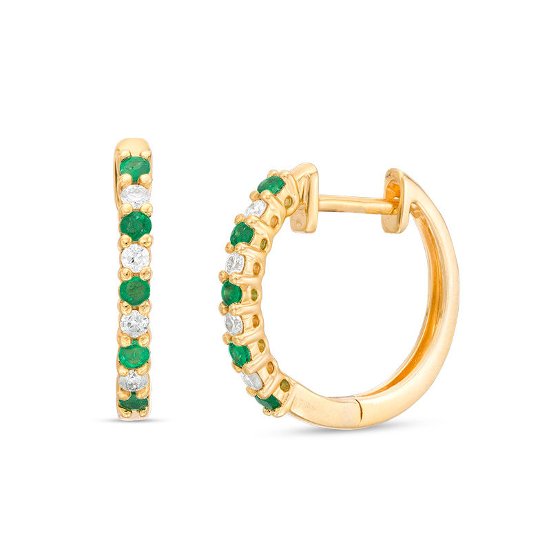 Emerald and 1/10 CT. T.W. Diamond Hoop Earrings in 14K Gold