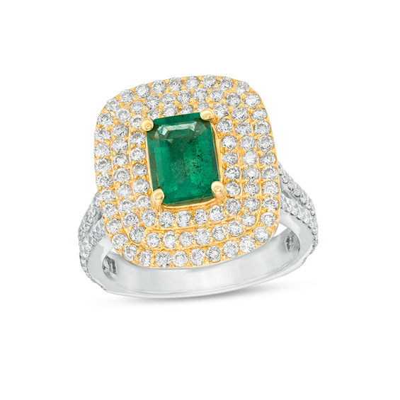 Emerald-Cut Emerald and 1-3/4 CT. T.W. Diamond Triple Frame Split Shank Ring in 14K Two-Tone Gold Emerald-Cut Emerald and 1-3/4 CT. T.W. Diamond Triple Frame Split Shank Ring in 14K Two-Tone Gold
