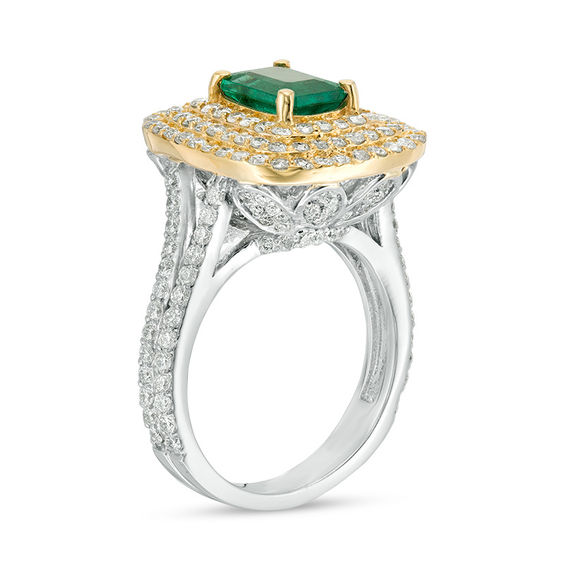 Emerald-Cut Emerald and 1-3/4 CT. T.W. Diamond Triple Frame Split Shank Ring in 14K Two-Tone Gold Emerald-Cut Emerald and 1-3/4 CT. T.W. Diamond Triple Frame Split Shank Ring in 14K Two-Tone Gold