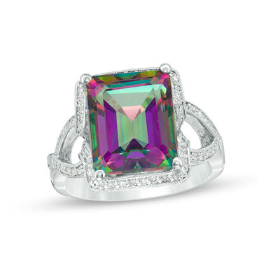 Emerald-Cut Mystic Fire® Topaz and 1/3 CT. T.W. Diamond Frame Vintage-Style  Twist Ring in 14K White Gold