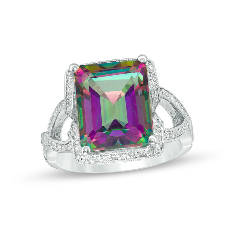 Emerald-Cut Mystic Fire® Topaz and 1/3 CT. T.W. Diamond Frame Vintage-Style Twist Ring in 14K White Gold