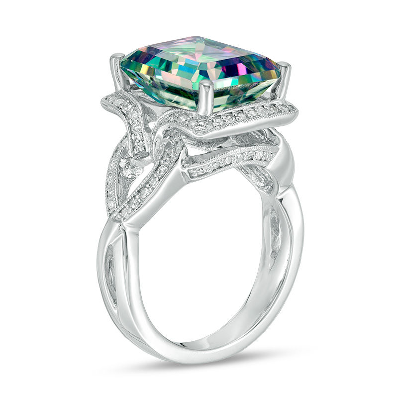 Emerald-Cut Mystic Fire® Topaz and 1/3 CT. T.W. Diamond Frame Vintage-Style Twist Ring in 14K White Gold