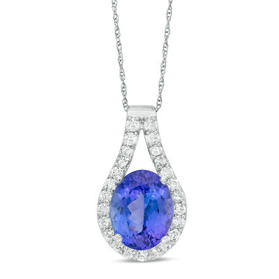 Oval Tanzanite And 1 2 Ct T W Diamond Frame Teardrop Pendant In 14k White Gold Zales - Tanzanite Teardrop Pendant White Gold
