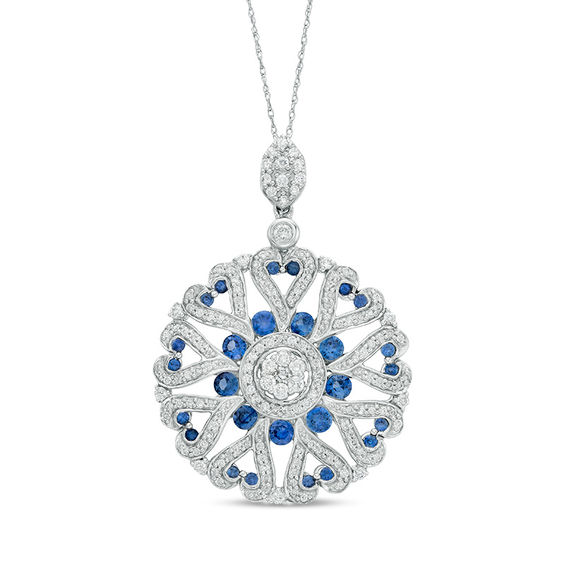 Blue Sapphire and 1 CT. T.W. Diamond Heart Medallion Pendant in 14K White Gold Blue Sapphire and 1 CT. T.W. Diamond Heart Medallion Pendant in 14K White Gold