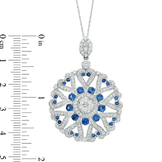 Blue Sapphire and 1 CT. T.W. Diamond Heart Medallion Pendant in 14K White Gold Blue Sapphire and 1 CT. T.W. Diamond Heart Medallion Pendant in 14K White Gold