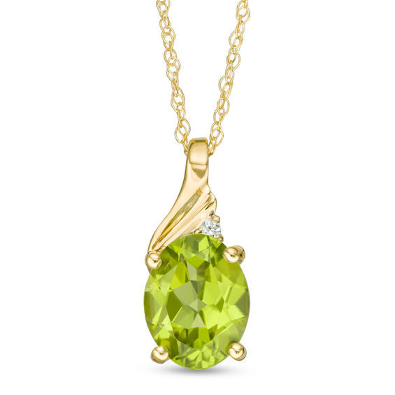 Oval Peridot and Diamond Accent Swirl Top Pendant in 10K Gold