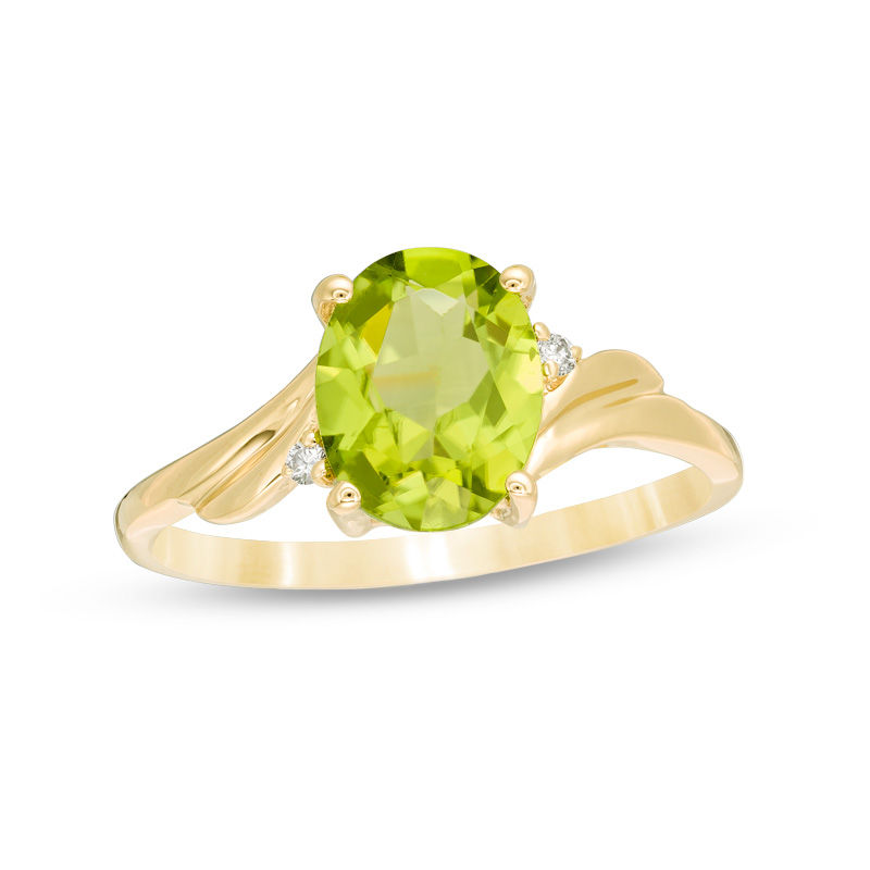 Oval Peridot and Diamond Accent Bypass Swirl Shank Ring in 10K Gold