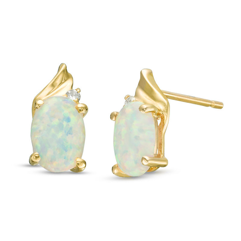 Oval Lab-Created Opal and Diamond Accent Swirl Top Drop Earrings in 10K Gold