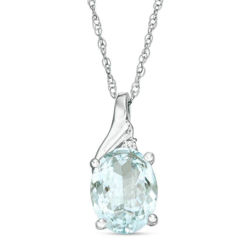 Oval Aquamarine and Diamond Accent Swirl Top Pendant in 10K White Gold