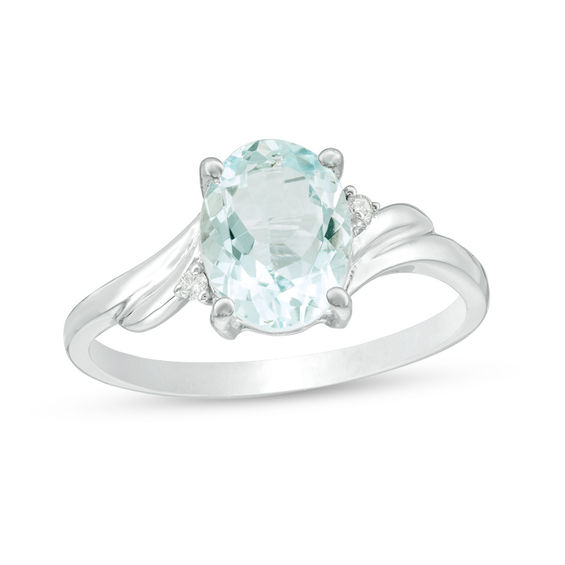 Oval Aquamarine and Diamond Accent Bypass Swirl Shank Ring in 10K White Gold