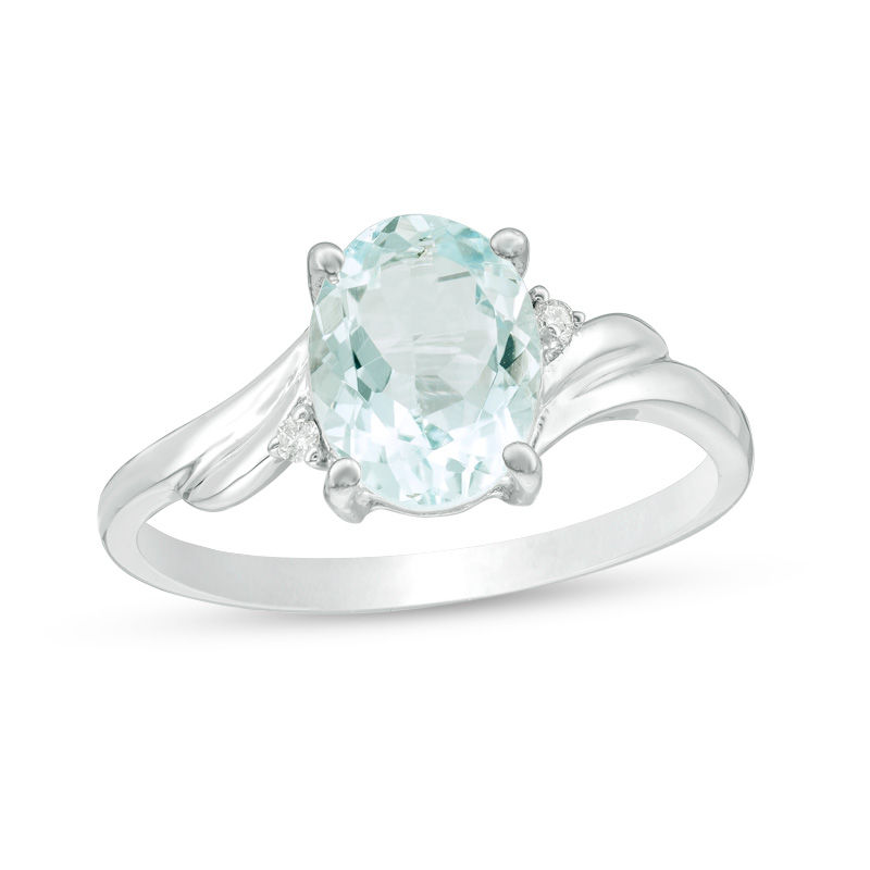 Oval Aquamarine and Diamond Accent Bypass Swirl Shank Ring in 10K White Gold