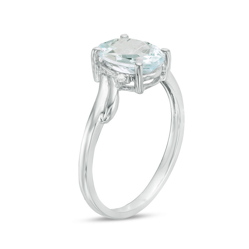 Oval Aquamarine and Diamond Accent Bypass Swirl Shank Ring in 10K White Gold